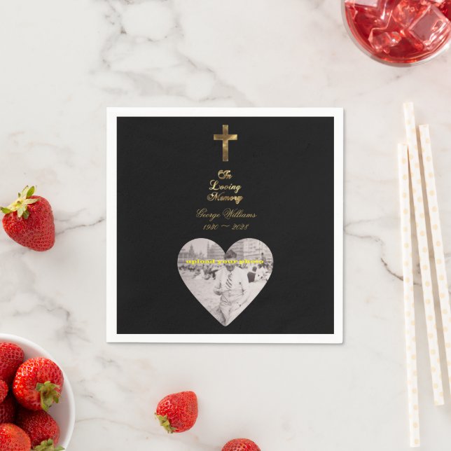 In Loving Memory Golden Cross Heart Shape Photo Napkin (Insitu)
