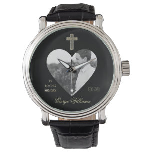 In Loving Memory Golden Cross Heart Shape Photo Watch