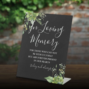 In Loving Memory Greenery Black And White Wedding Pedestal Sign