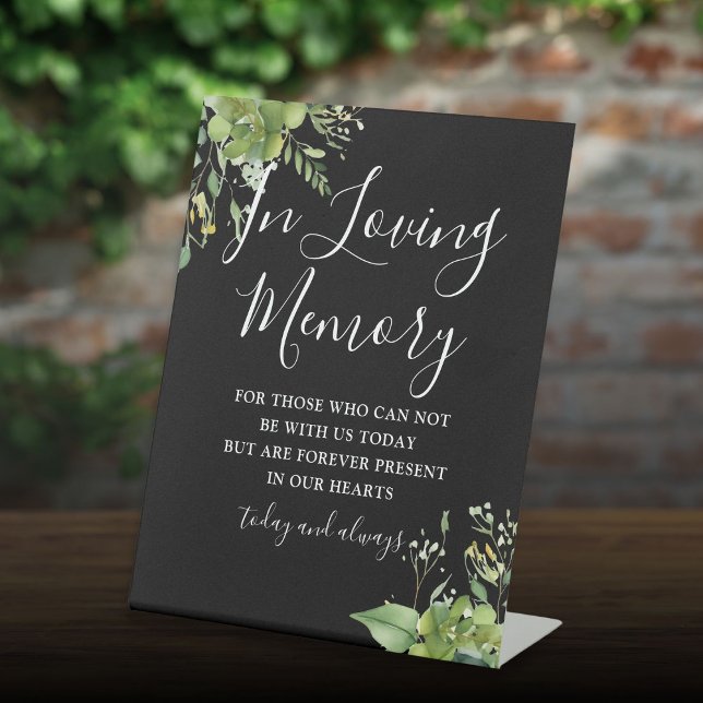In Loving Memory Greenery Black And White Wedding Pedestal Sign (Creator Uploaded)