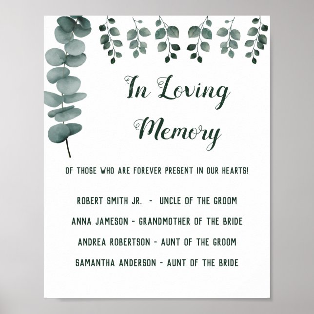 In Loving Memory Greenery Eucalyptus Wedding Sign (Front)