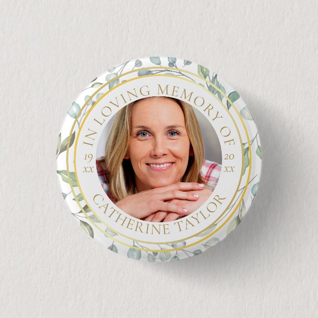 In Loving Memory Greenery Photo Funeral Button (Front)
