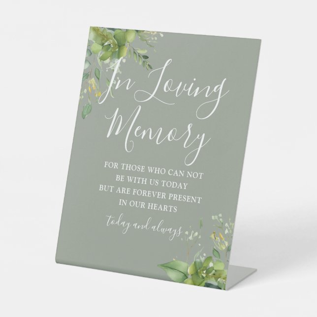 In Loving Memory Greenery Sage Green Wedding Pedestal Sign (Front)
