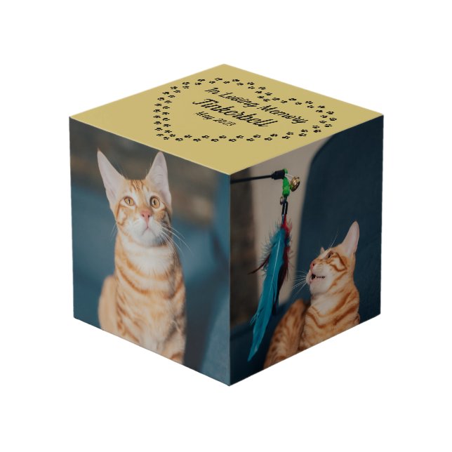 In Loving Memory Heart of Cat Paws on gold Cube (Front Angled)