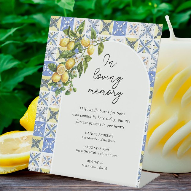 In Loving Memory Lemon Theme Wedding Remembrance Pedestal Sign (In Loving Memory rembrance sign from the Lemon Grove Wedding Collection by Darling & May)