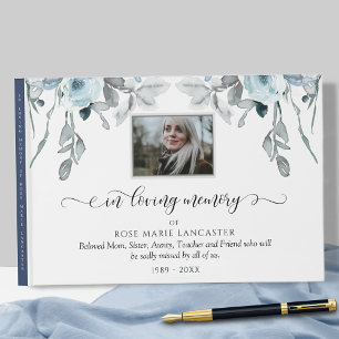 In Loving Memory Light Blue Floral, Funeral Photo Guest Book