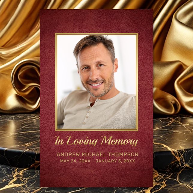 In Loving Memory Maroon Gold Photo Funeral Card (Sympathy In Loving Memory Red Faux Leather Photo Funeral Card with personalized Poem or Prayer)