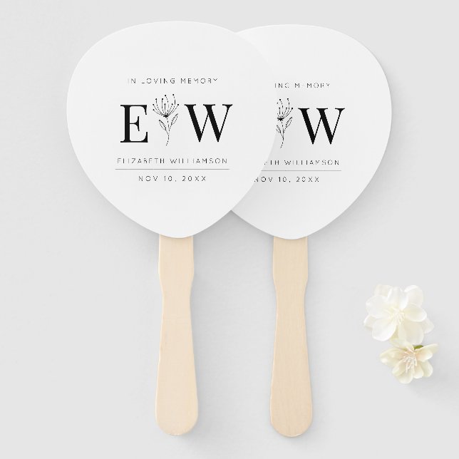 In Loving Memory Memorial Modern Monogram Foliage Hand Fan (Front and Back)