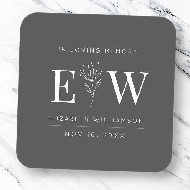 In Loving Memory Memorial Modern Monogram Foliage Square Sticker (Creator Uploaded)