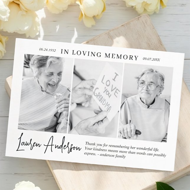 In Loving Memory Memorial Modern Simple 3 Photo Thank You Card (Creator Uploaded)