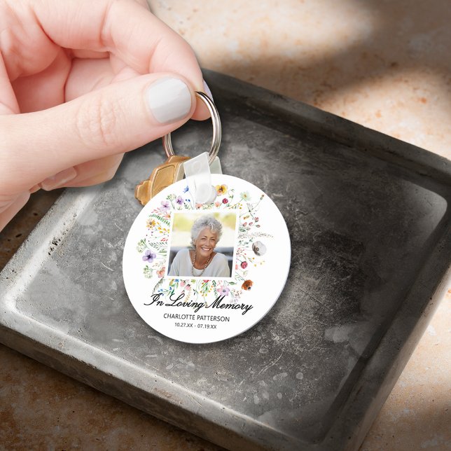In Loving Memory Memorial Photo Wildflowers Key Ring (In Loving Memory Photo with wildflowers keepsake double-sided keychain)