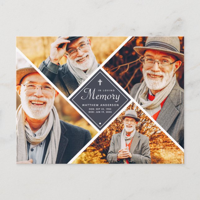 In Loving Memory Modern Cross Multi Photo Postcard (Front)
