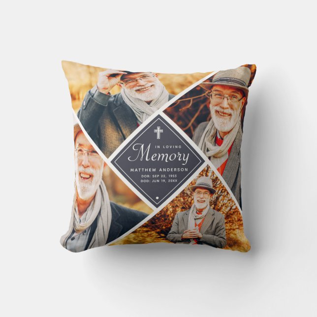 In Loving Memory Modern Cross Multi Photo Template Cushion (Front)