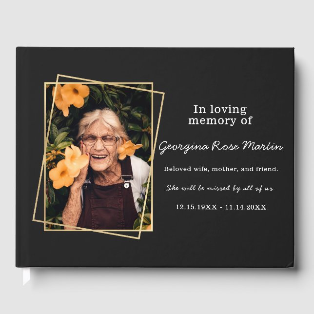 In Loving Memory Modern Gold Black Photo Memorial Guest Book (Front)