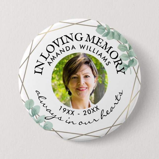 In Loving Memory Modern Greenery Photo Memorial 7.5 Cm Round Badge (Front)