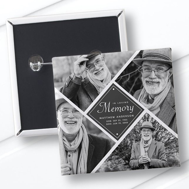 In Loving Memory Modern Multi Photo Template 15 Cm Square Badge (Creator Uploaded)