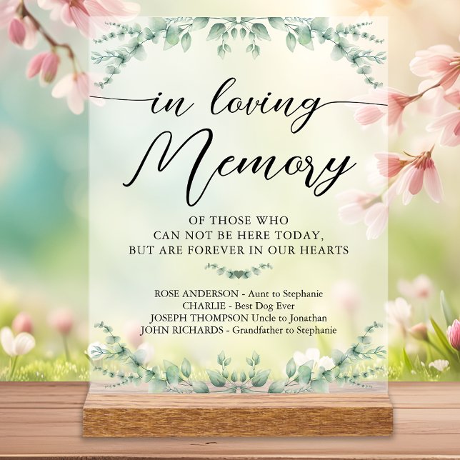 In Loving Memory Modern Wedding Greenery Memorial Acrylic Sign (Creator Uploaded)
