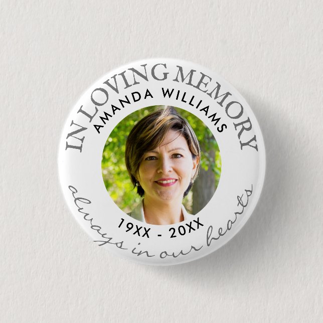 In Loving Memory Modern White Photo Memorial 3 Cm Round Badge (Front)