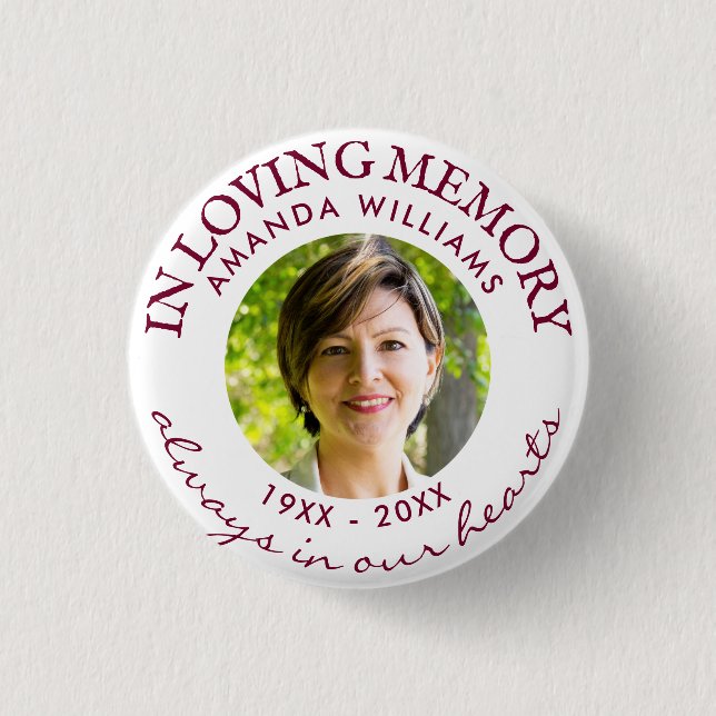 In Loving Memory Modern White Photo Memorial Red 3 Cm Round Badge (Front)