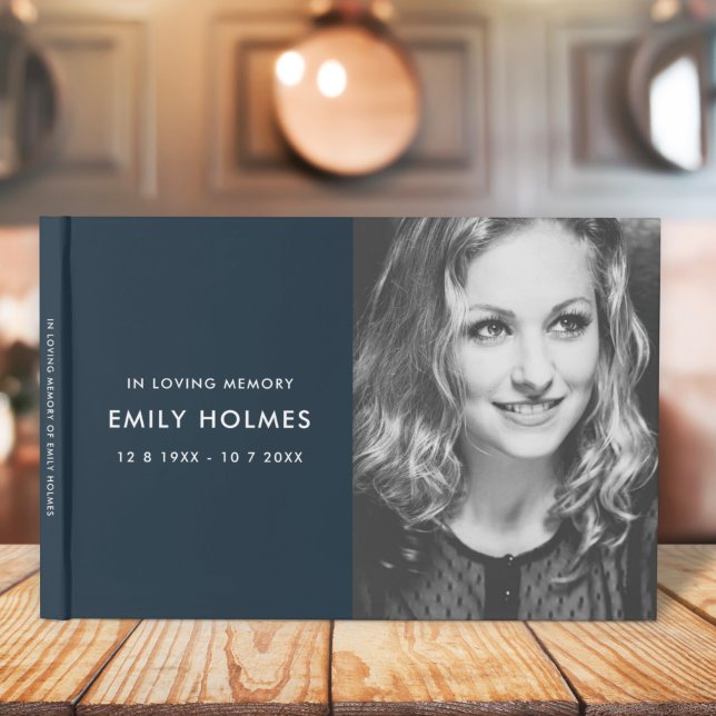 In Loving Memory | Navy Blue Modern Memorial Photo Guest Book (Creator Uploaded)
