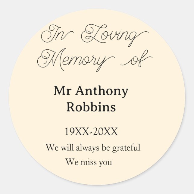 In Loving memory of name funeral memory keepsake Classic Round Sticker (Front)