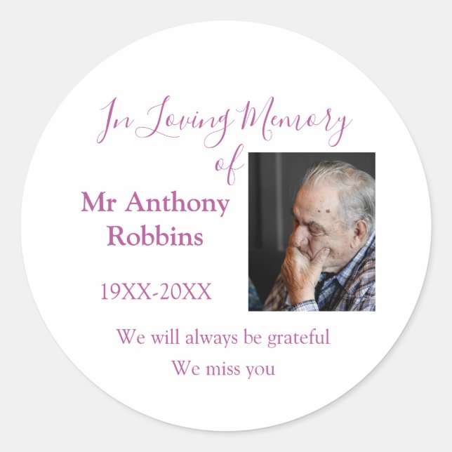 In Loving memory of name funeral memory keepsake Classic Round Sticker (Front)