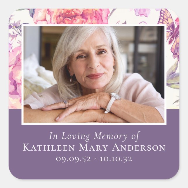 In Loving Memory Peony Photo Sympathy Square Sticker (Front)
