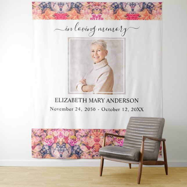 In Loving Memory Photo Bright Floral Memorial Tapestry (In Situ)