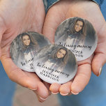 In loving memory photo button<br><div class="desc">Capture lasting memories of your loved one with our beautiful photo tribute button. Made for friends and family to wear at the funeral, each button includes a special photo with a delicate white overlay and the heartfelt words "in loving memory" personalized with their name. Keep their memory close to your...</div>