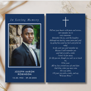 In Loving Memory Photo Funeral Blue Prayer Card