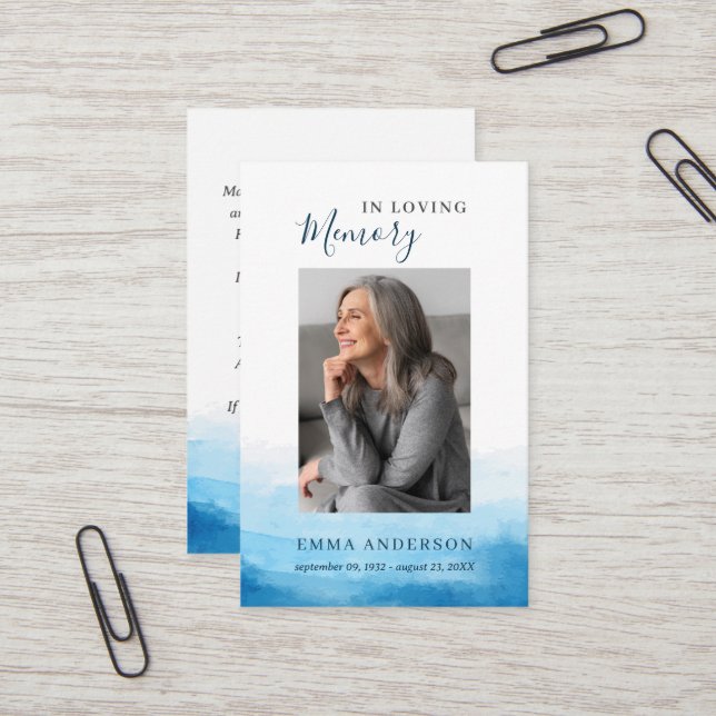 In Loving Memory Photo Funeral Blue Prayer Card (Front/Back In Situ)