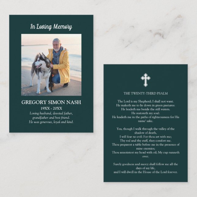 In Loving Memory Photo Green Funeral Card (Front/Back)