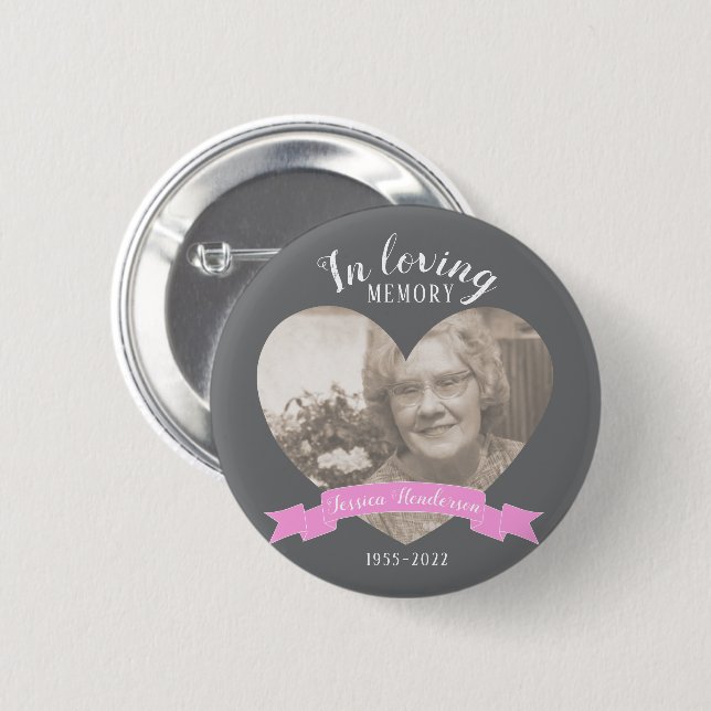 In loving memory photo heart pink ribbon button (Front & Back)