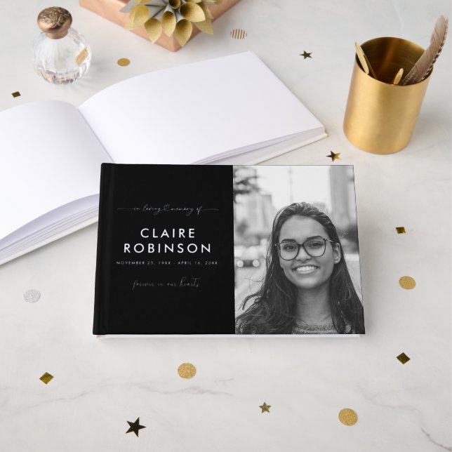 In Loving Memory Photo Heart Script Funeral Foil Guest Book (Front Open)