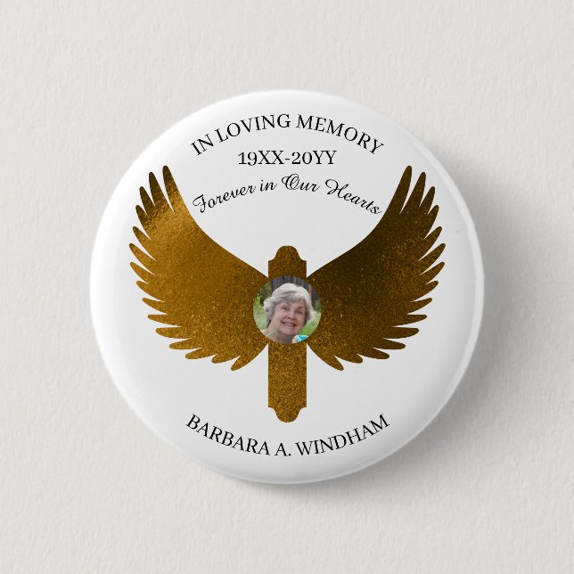 In Loving Memory Photo Keepsake Cross with Wings 6 Cm Round Badge (Front)