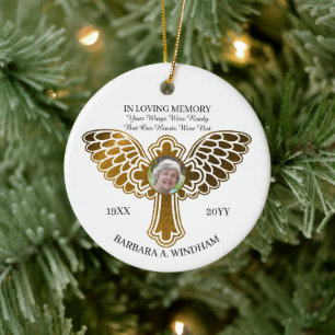 In Loving Memory Photo Keepsake Cross with Wings Ceramic Tree Decoration