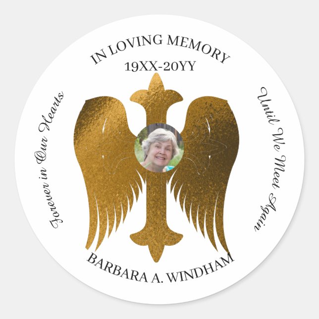 In Loving Memory Photo Keepsake Cross with Wings Classic Round Sticker (Front)