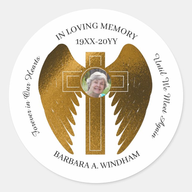 In Loving Memory Photo Keepsake Cross with Wings Classic Round Sticker (Front)
