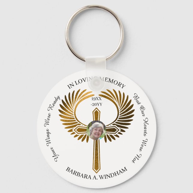 In Loving Memory Photo Keepsake Cross with Wings Key Ring (Front)