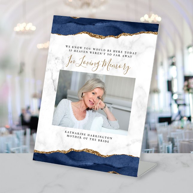 In Loving Memory Photo Navy Agate Marble Wedding Pedestal Sign (Creator Uploaded)