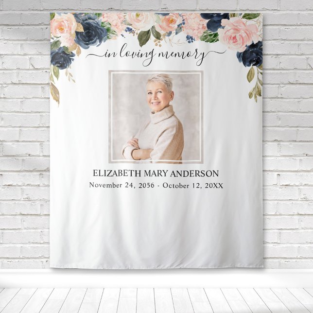 In Loving Memory Photo Navy Blush Pink Memorial Tapestry (Blush pink and Navy blue watercolor floral botanical memorial tapestry to honor your loved one.)