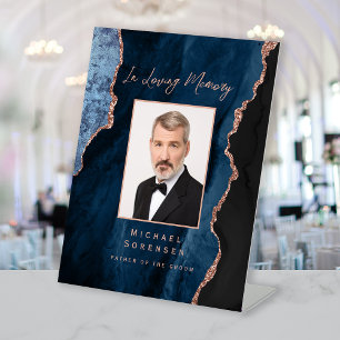 In Loving Memory Photo Navy Rose Gold Agate Pedestal Sign