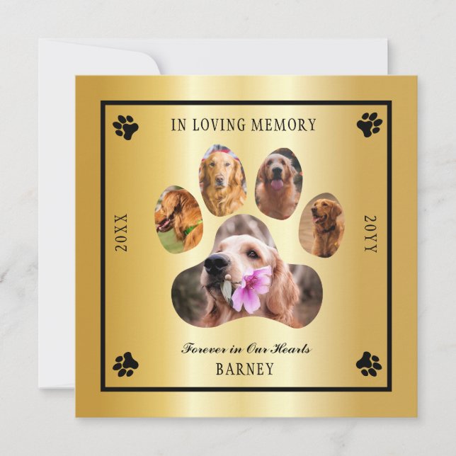 In Loving Memory Photo Pet Memorial -  Gold Tone Invitation (Front)