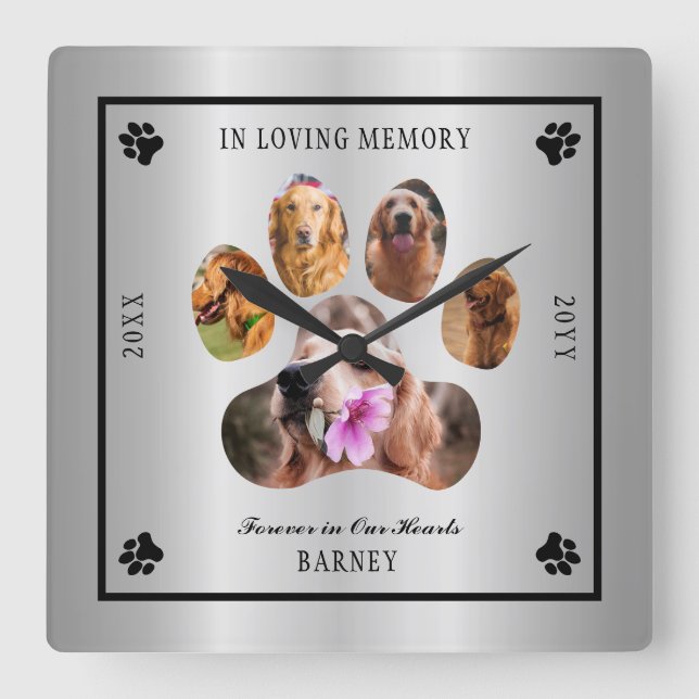 In Loving Memory Photo Pet Memorial -  Silver Tone Square Wall Clock (Front)