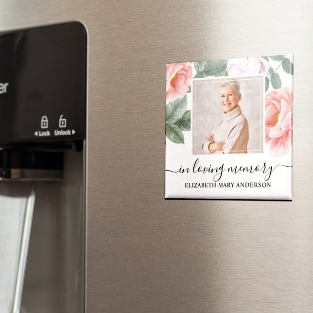 In Loving Memory Photo Pink Floral Memorial Magnet (This beautiful pink watercolor floral design can be personalized with a photograph of your loved one)