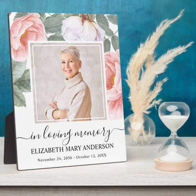 In Loving Memory Photo Pink Floral Memorial Plaque (Side)