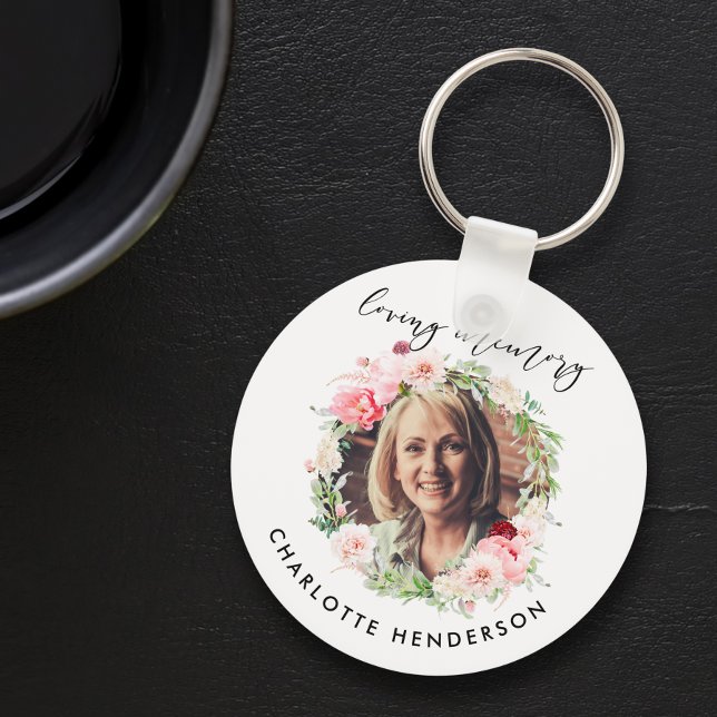 "In Loving Memory" Photo & Pink Peonies Tribute Key Ring (Creator Uploaded)