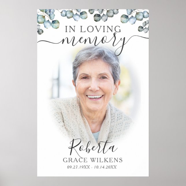 In Loving Memory Photo Script Eucalyptus Greenery Poster (Front)