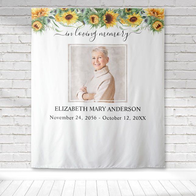 In Loving Memory Photo Sunflower Memorial Tapestry (Sunflower watercolor floral botanical memorial tapestry to honor your loved one.)