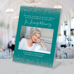 In Loving Memory Photo Teal Blue Silver Wedding Pedestal Sign